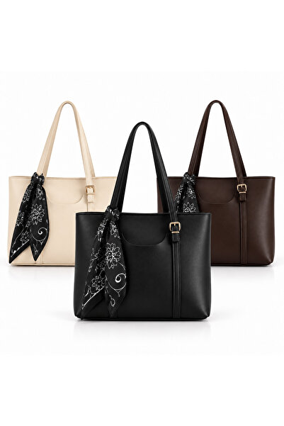 NWR BAGS 3’lü Set Fular Detaylı Kadın Omuz ve Kol Çantası – Siyah, Krem, Kahv...