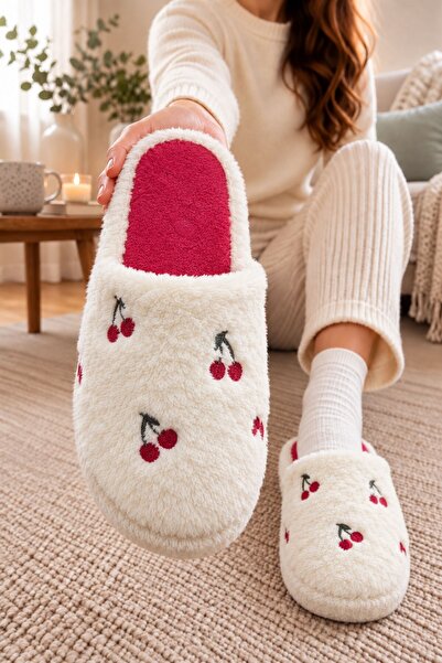AlbiShoes Γυναικείες χειμερινές παντόφλες για το σπίτι με μοτίβο κεράσι, αφρά...