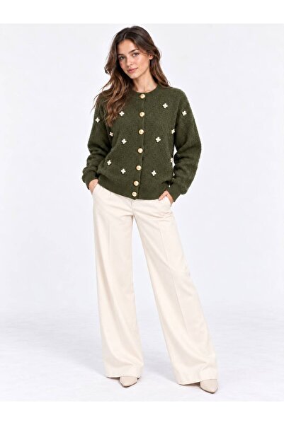 Sfg Life Moda Women's Pearl Detailed Buttoned Crew Neck Long Fleece Knitwear ...
