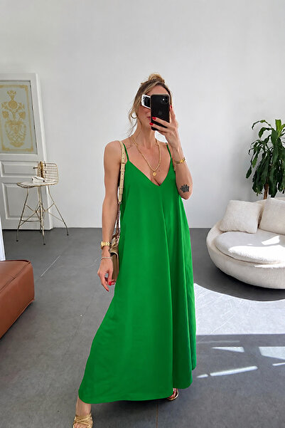 Deafox Grünes Damenkleid mit verstellbaren dünnen Trägern und langer Länge