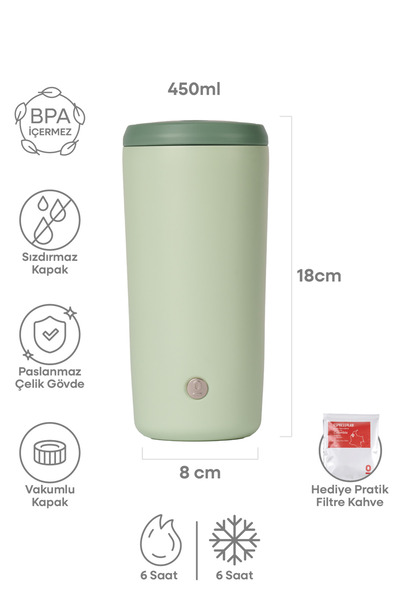 Espressolab Açık Yeşil Mat Dokulu Paslanmaz Çelik Termos 450 ml Kapaklı No:140