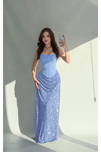 ayşenur Dinçer butik Adesse Eteği Payetli Abiye Bebe Mavisi