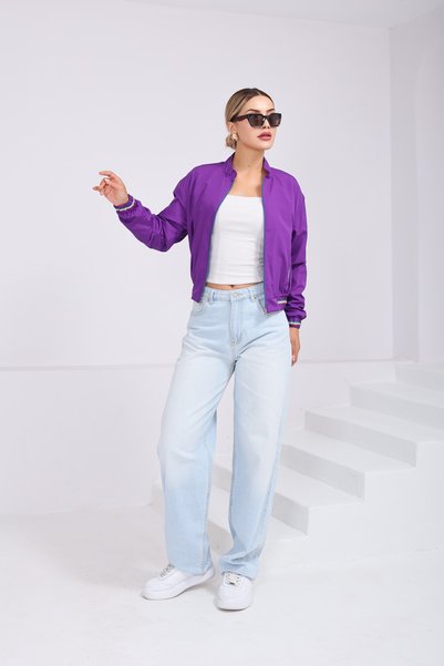 SahraAfra Women's Stand Collar Bomber Jacket with Pockets and Elastic Waist