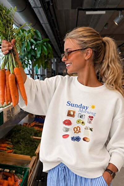 Monila Kadın Premium Kumaş 3 İplik Şardonlu Sunday Baskılı Sweatshirt