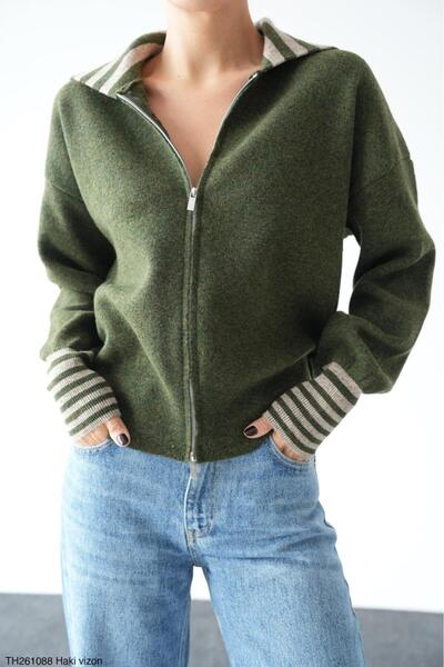 Lupies Women's Double Zipper Collar and Cuffed Striped Wool Knitwear Cardigan