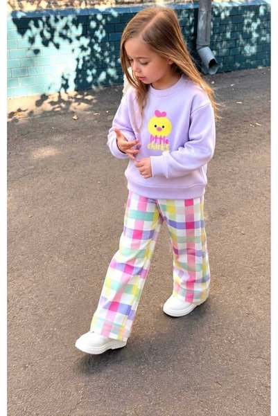 Chic Kids Wear Girl's Printed Sweatshirt Striped Wide-Leg Pants Set