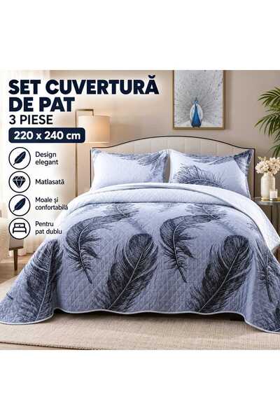OEM Double Bedspread Set, 3 Pieces, 220x240 cm, Feather Pattern, Quilted, Grey