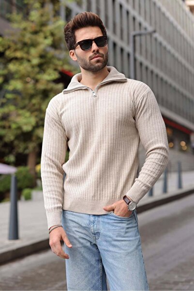 Madmext Stone Color Stand Collar Half Zipper Striped Men's Knitwear Sweater E...