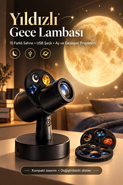 Tinytek Yıldızlı Gece Lambası - 15 Farklı Sahne Projeksiyonlu USB Şarjlı Ay v...