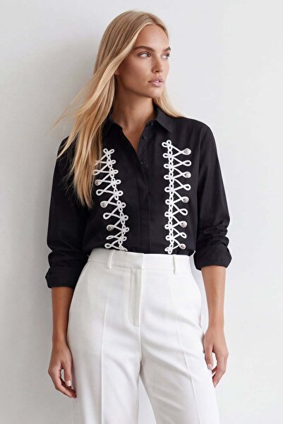 Trend Alaçatı Stili Women's black fancy buttoned oversize shirt alc-x15896
