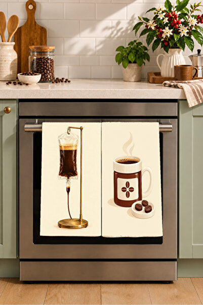 milbaygrup Coffee Therapy Kahve Serumu Desenli 2'li Mutfak Havlusu Seti 40x60