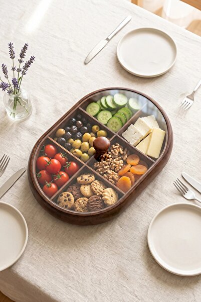 NESS HOME 6-Compartment Oval Acacia Breakfast Snack Bowl Multi-Functional Ser...