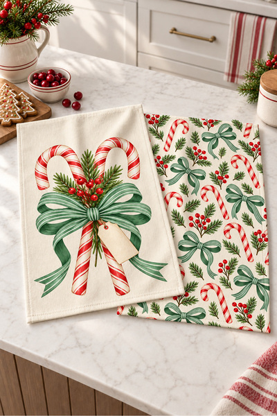 milbaygrup Candy Lane Şeker Çubuğu Desenli 2'li Mutfak Havlusu Seti 40x60
