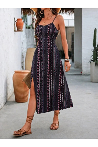 Generic Brand Women's Rope Strap Wide V-Neck Patterned Slit Single Jersey Mid...