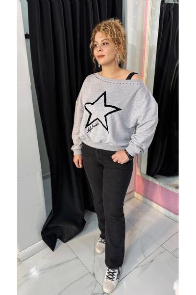 ROSE BUTİK06 KAYIK YAKA YILDIZ BASKILI SWEATSHIRT