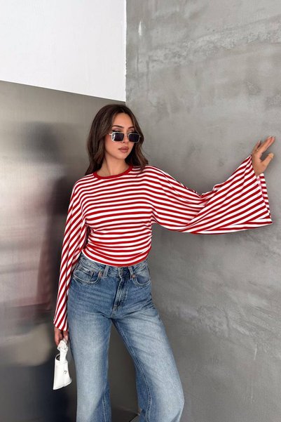 Noa&Noa Side Stripe Gathered Bat Sleeve Blouse-Red Red