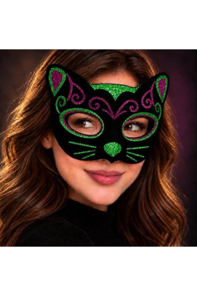 OEM Black Velvet Covered Cat Mask with Pink Green Glitter Embroidery 20X13 cm