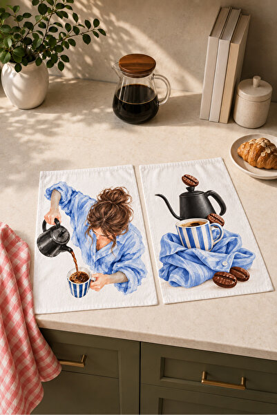 milbaygrup Blue Moka Blue Coffee Patterned 2-Piece Kitchen Towel Set 40X60