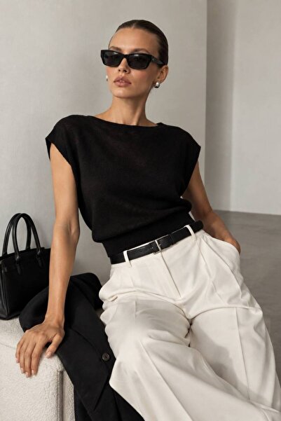 vuvutasarım Boat Neck Waist Seated Sleeveless Women's Knitwear Blouse 52115207