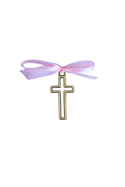 BUNILU Set 20 Cruciulite aurii si fundite din satin roz, marturie botez, cu b...