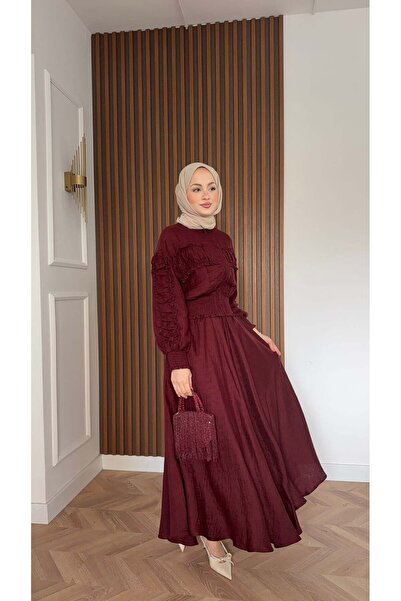 MEYSADESİGN Beli Büzgülü Tensel Etekli Takım Bordo
