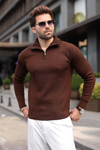 Madmext Brown Stand Collar Half Zipper Striped Men's Knitwear Sweater E7535