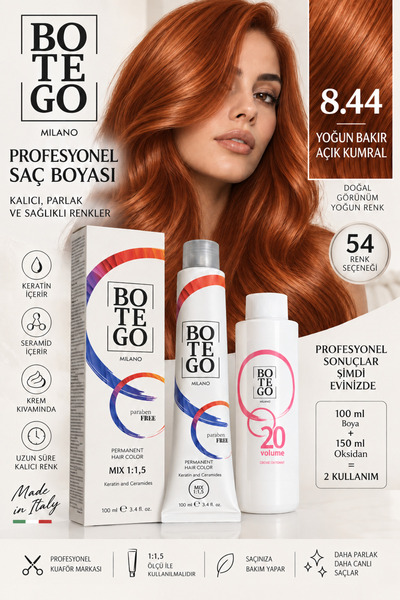 botegohair 8.44 Yoğun Bakır Açık Kumral Profesyonel Saç Boyası Seti