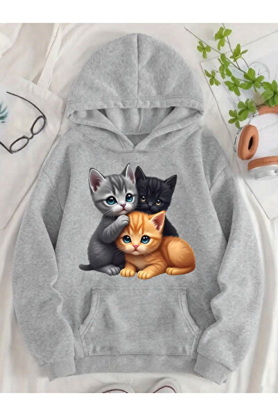 one button Unisex 3 τεμάχια χαριτωμένο φούτερ με στάμπα γάτας, με κουκούλα, μ...