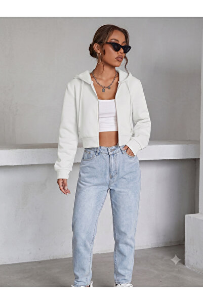 thefun fashion Kadın Beyaz Kapüşonlu Fermuarlı Oversize 3 Iplik Şardonlu Crop...