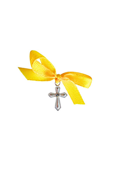 BUNILU Set 20 Cruciulite argintii si fundite din satin galben, marturie botez...