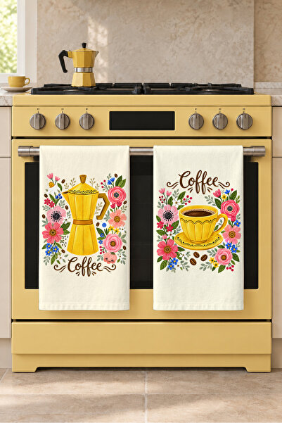 milbaygrup Floral Coffee Moka Pot and Coffee Cup Floral Patterned Yellow 2-Pi...