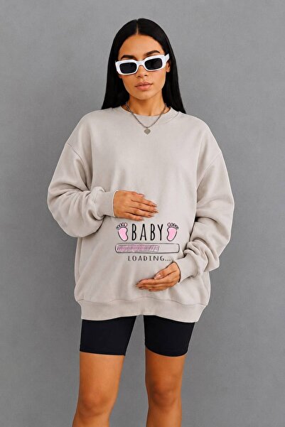 BENROMA 3 Yarn Combed Cotton Baby Loadi̇ng Printed Maternity Sweatshirt Jq5