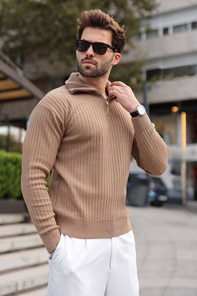 Madmext Mink Stand Collar Half Zipper Striped Men's Knitwear Sweater E7535