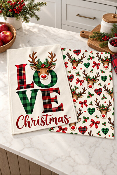 milbaygrup Love Christmas Plaid Text Patterned 2-Piece Kitchen Towel Set 40X60
