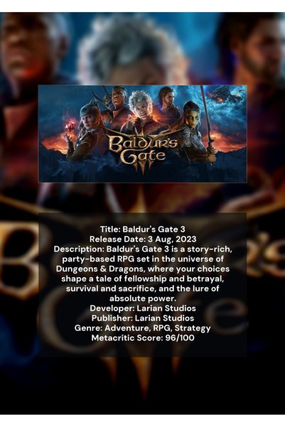 OEM Baldur's Gate 3 Инфографичен плакат, Приключенска ролева игра, Премиум ка...
