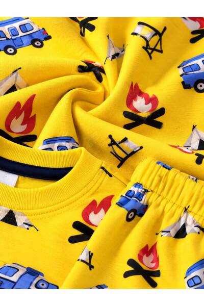Fil Kids Boy's 100% Cotton Yellow Color Minibus Camp Caravan Patterned Long Sleeve Winter Interlock Pajama Set
