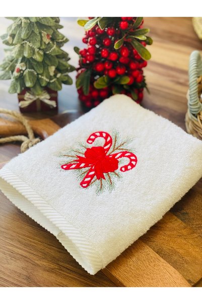 HOME OF BLOSSOM White Cotton Christmas Candy Embroidered Towel 50X90Cm