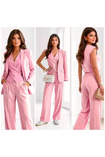Woman's Fashion Σετ σακάκι και παντελόνι και ροζ γιλέκο