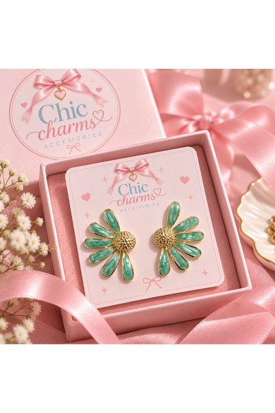 SELÇUK Green Daisy Patterned Gold Earrings – Chic Charms