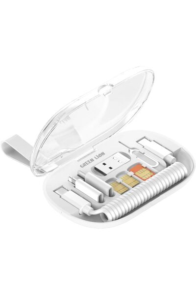 Green Lion Multifunctional Data cable set Sim Slot and Sim Ejector Pin, Type-C to Type-C Cable, Support USB-A/lightning Head/Micro USB, 65W Fast Charging, Compact and Portable - white