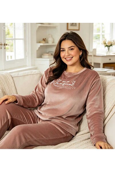 NiCe İç Giyim Plus Size Velvet Pink Color Women's Pajama Set Crew Neck Long S...
