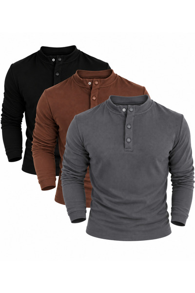 THMANY Çıtçıtlı Yaka İnce Fitilli T-Shirt 3'lü Paket – Gri / Kahverengi / Siyah