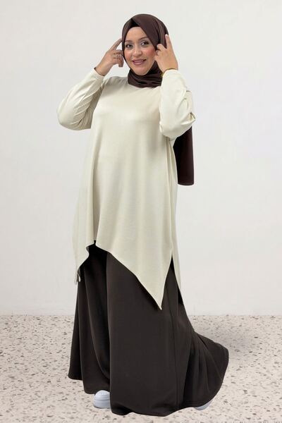 Eslina 68106 Plus Size Skirt Oval Cut Modal Tunic - Cream