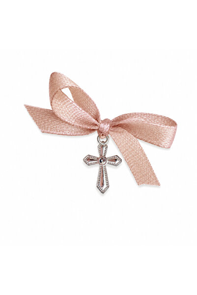 BUNILU Set 20 Cruciulite argintii si fundite din satin bej nude, marturie bot...