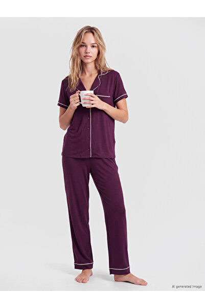 LC Waikiki Ozmarka New Season Purple Shirt Collar Women's Pajama Set