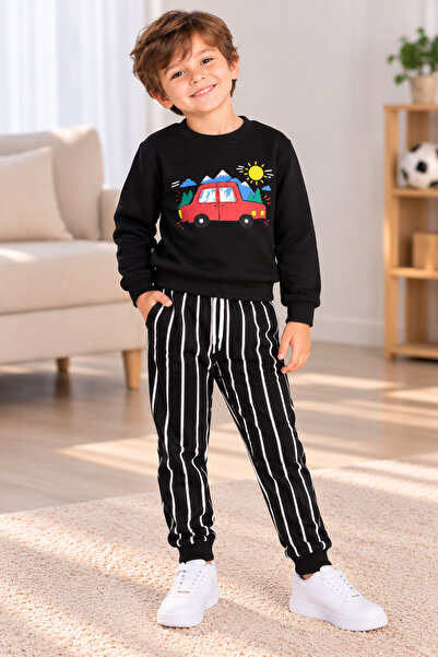 SERPİL Boys' 2-Piece Tracksuit Set Car Printed Sweatshirt Striped Jogger Trac...