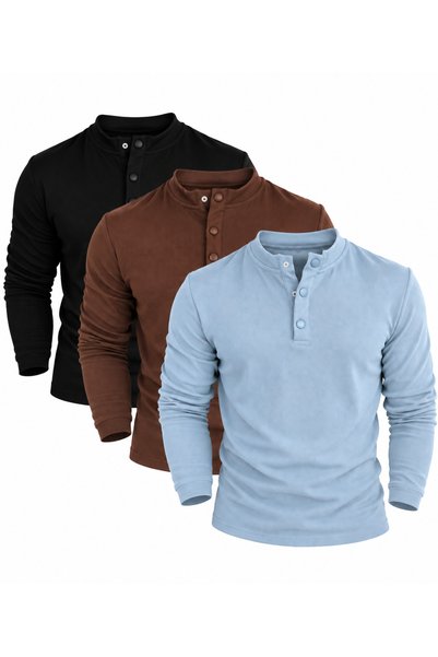 THMANY Çıtçıtlı Yaka İnce Fitilli T-Shirt 3'lü Paket – Siyah / Kahverengi / A...