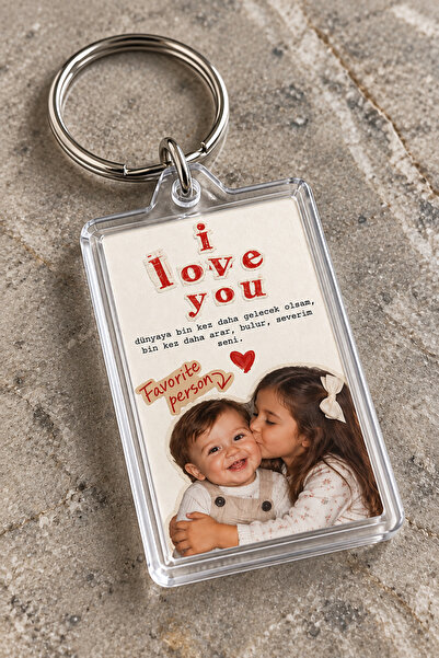 mimela I Love You Yazılı Kişiye Özel Fotoğraflı Anahtarlık