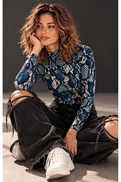 Be Best Women's Blue Snake Patterned High Neck Blouse Be545