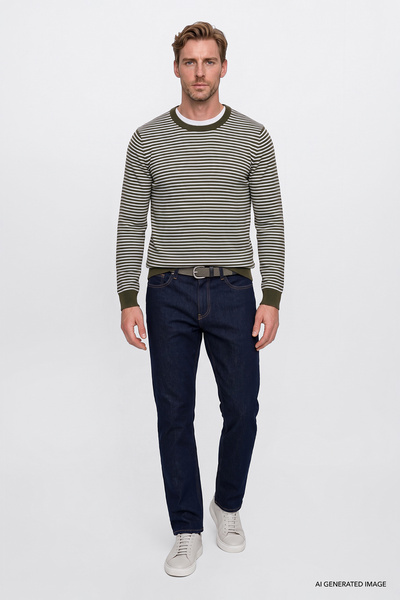 AC&Co / Altınyıldız Classics Men's Green-White Warm Standard Fit Regular Cut Crew Neck Striped Knitwear Sweater